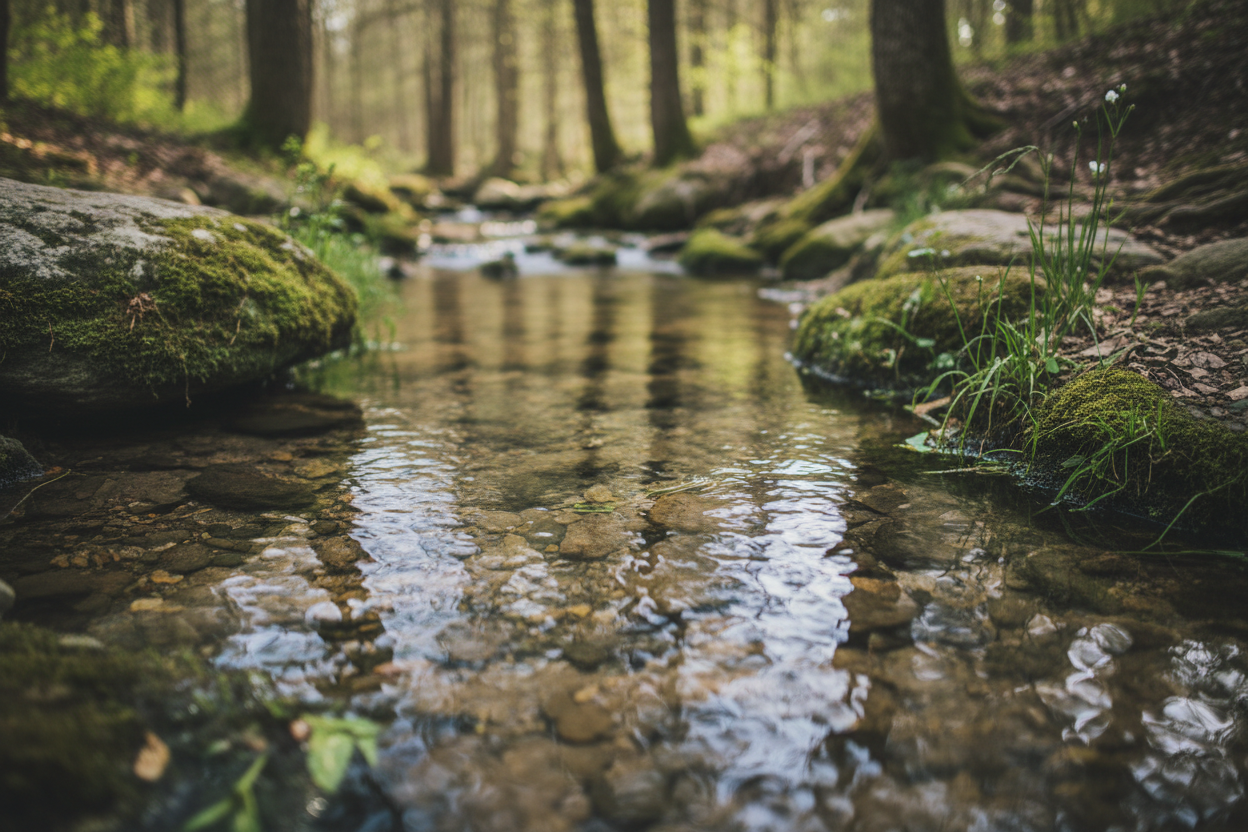 Clarity. Stillness. Origin. Calm natural water source

Shallow stream, spring, aquifer-like visuals

Soft daylight

No people

No bottles