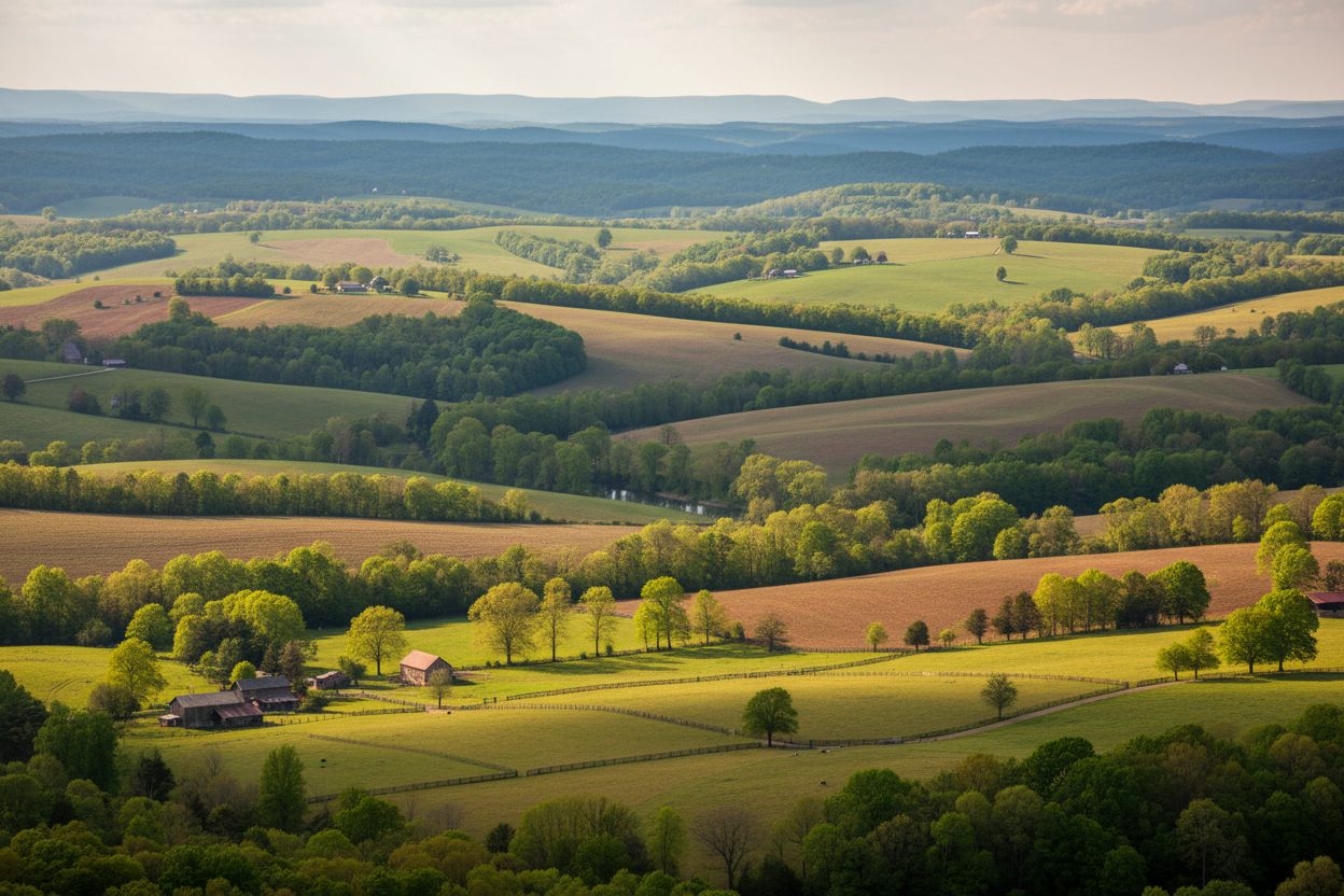 Realistic photo of rolling hills in Virgina's Piedmont Region 